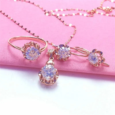 White Shiny Flower Jewelry Set Plated  Rose Gold Earrings for Women Charms Rings Necklace Elegant Light Luxury Necklaces