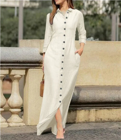 Elegant Long Dress For Women Spring Autumn Long Sleeve Solid Color Cotton And Linen Shirt Dresses Casual Button Dress Robe Femme