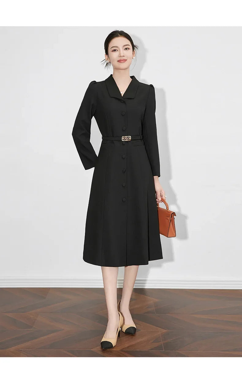 Dresses For Women 2024 Luxury Brand Autumn Long Dress Women's Turn-down Collar Sleeves Single Breasted Sashes Office Lady