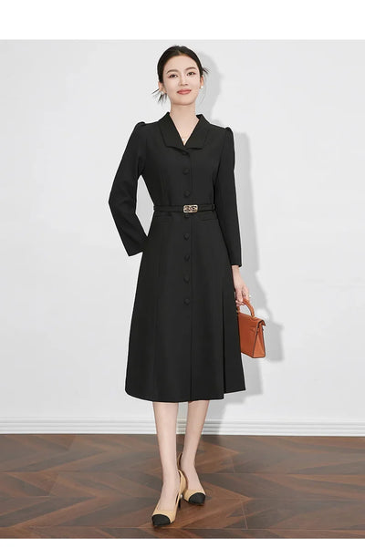 Dresses For Women 2024 Luxury Brand Autumn Long Dress Women's Turn-down Collar Sleeves Single Breasted Sashes Office Lady