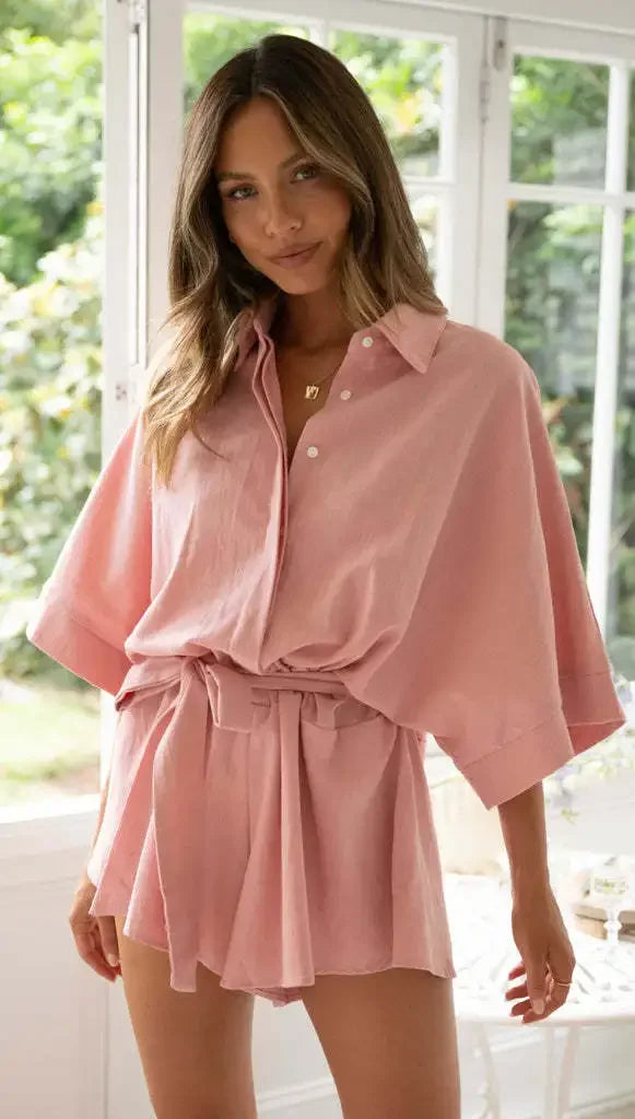 Women's Jumpsuit Spring/summer New Style With Collar Mid Sleeves Waist Strap Fashionable Loose Short Style Solid Color Jumpsuit