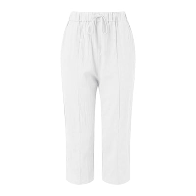 Women Solid Cotton Linen Pants Casual Baggy Elastic Waist Cropped Trousers Basic Wide Leg Linen Pants Pantalones De Mujer