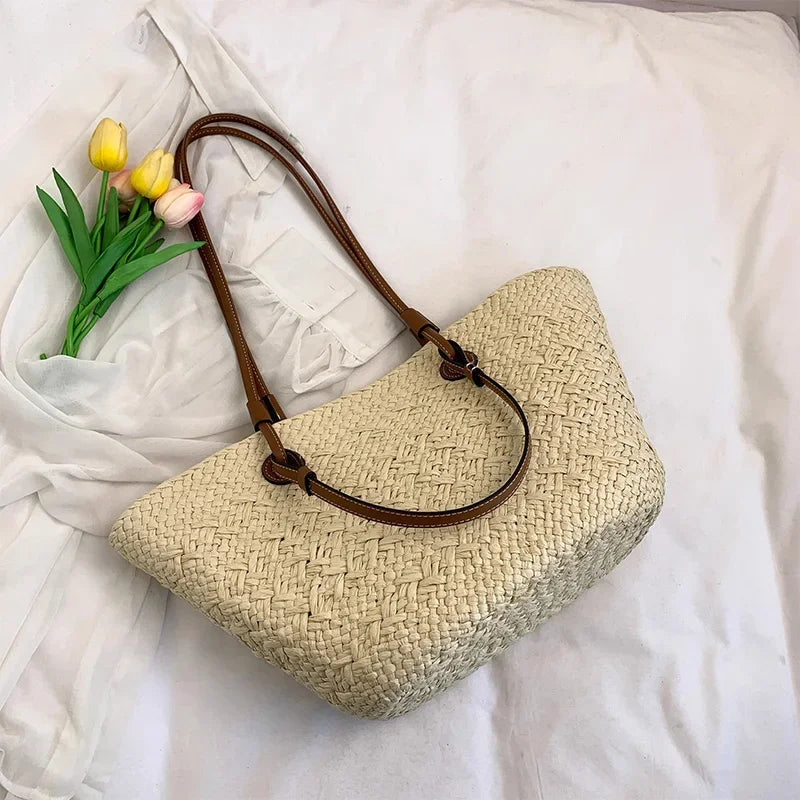 Designer Bohemian Chic Shoulder Bag,Solid Color Large Capacity Straw Woven Tote Bag,Nature-Inspired Beach Vacation Women Handbag