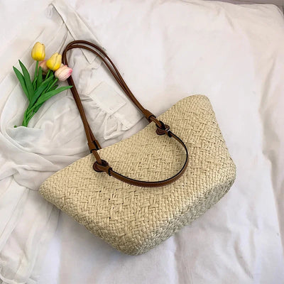 Designer Bohemian Chic Shoulder Bag,Solid Color Large Capacity Straw Woven Tote Bag,Nature-Inspired Beach Vacation Women Handbag