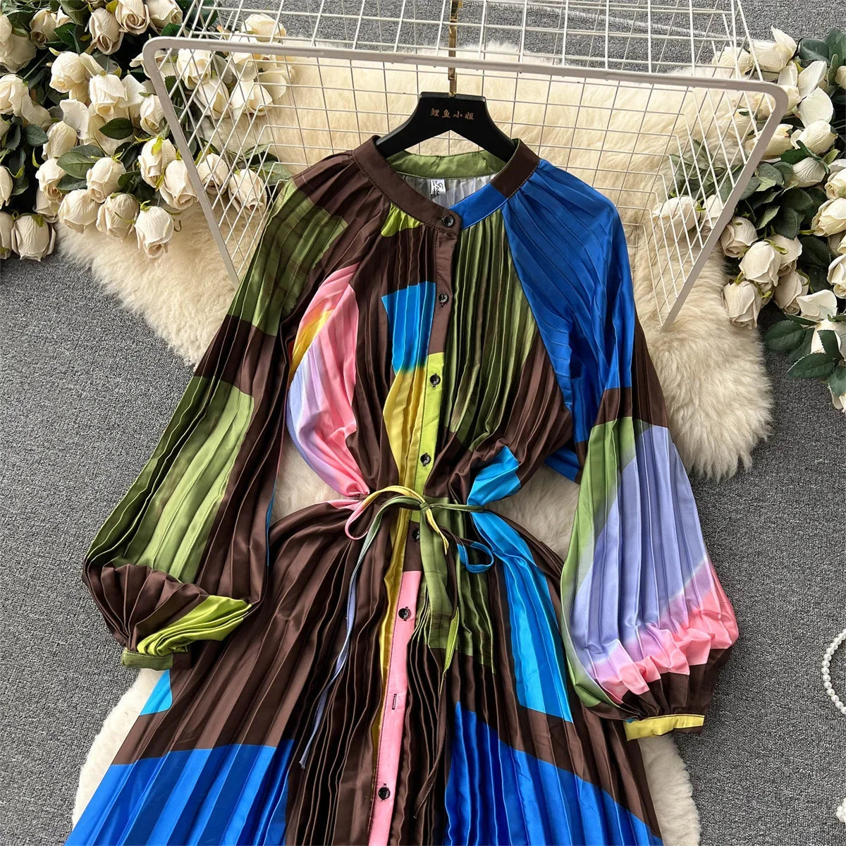 Retro Print Elegant Pleated Lantern Long Sleeve O Neck Single Breasted Dress A-line  Casual High Waist Women Summer Dresses