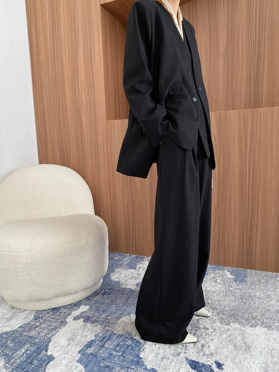 Spring and Autumn Women's Casual Solid Color Loose Jacket+V-neck Vest+Wide Leg Pants Set