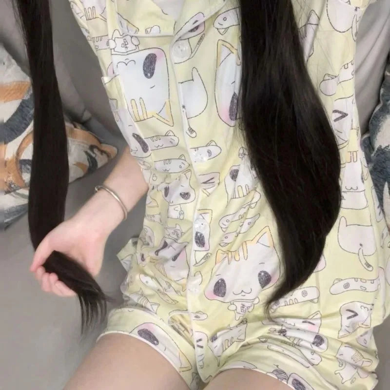 Women's Sleepwear Lounge Pajama Sets Summer Cartoon Print Cute Loose Pajamas Set Home Clothes Short Sleeves Top and Shorts Set
