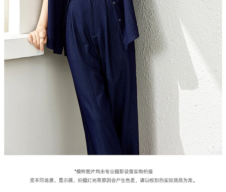 VIMLY Navy Blue Denim Suit Women's 2025 Autumn Outfits Vintage Lace Polo Collar Shirt Wide Legs Pants Ladies 2 Piece Sets A2526