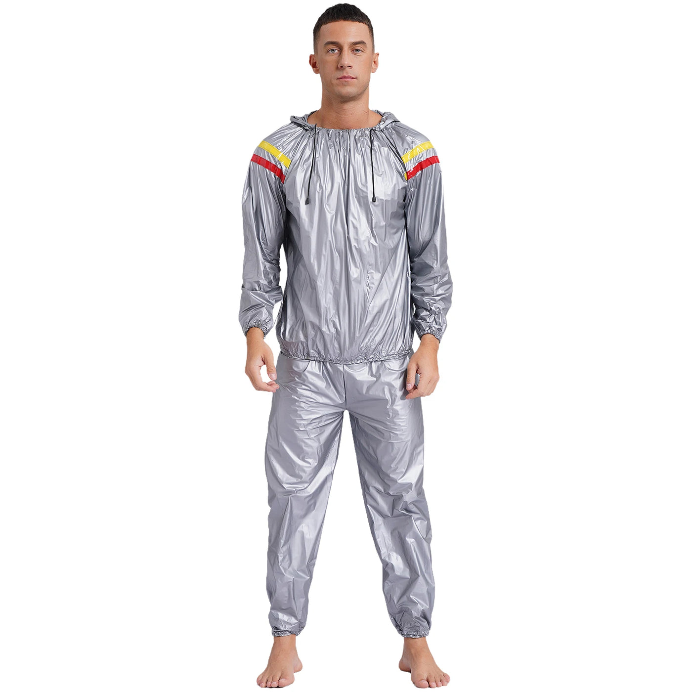 Mens Sauna Sweat Outfit Long Sleeve Hooded Jacket Outerwear and Elastic Waist Long Pants PVC Sweating Suit for Gym Workout