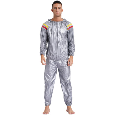 Mens Sauna Sweat Outfit Long Sleeve Hooded Jacket Outerwear and Elastic Waist Long Pants PVC Sweating Suit for Gym Workout