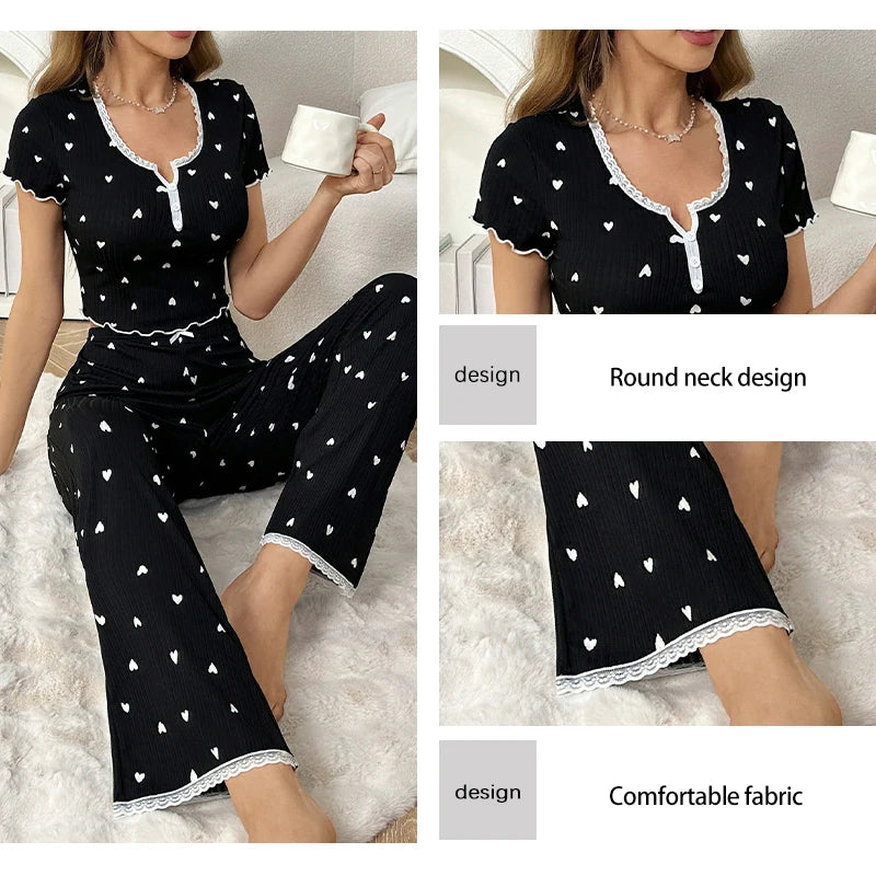 Womens' Casual Pajamas Set Love Print Black Casual Lounge Wear Decorative Button Lace Edge Short Sleeve Pants