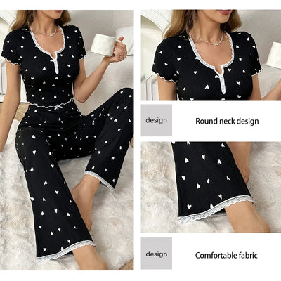 Womens' Casual Pajamas Set Love Print Black Casual Lounge Wear Decorative Button Lace Edge Short Sleeve Pants
