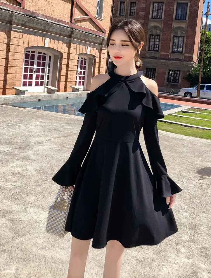 Ruffle Dresses for Women A Line Midi Woman Long Sleeve Dress Y2k Loose Casual Youth Korean Fashion One-piece Sensual Sexy X 2025