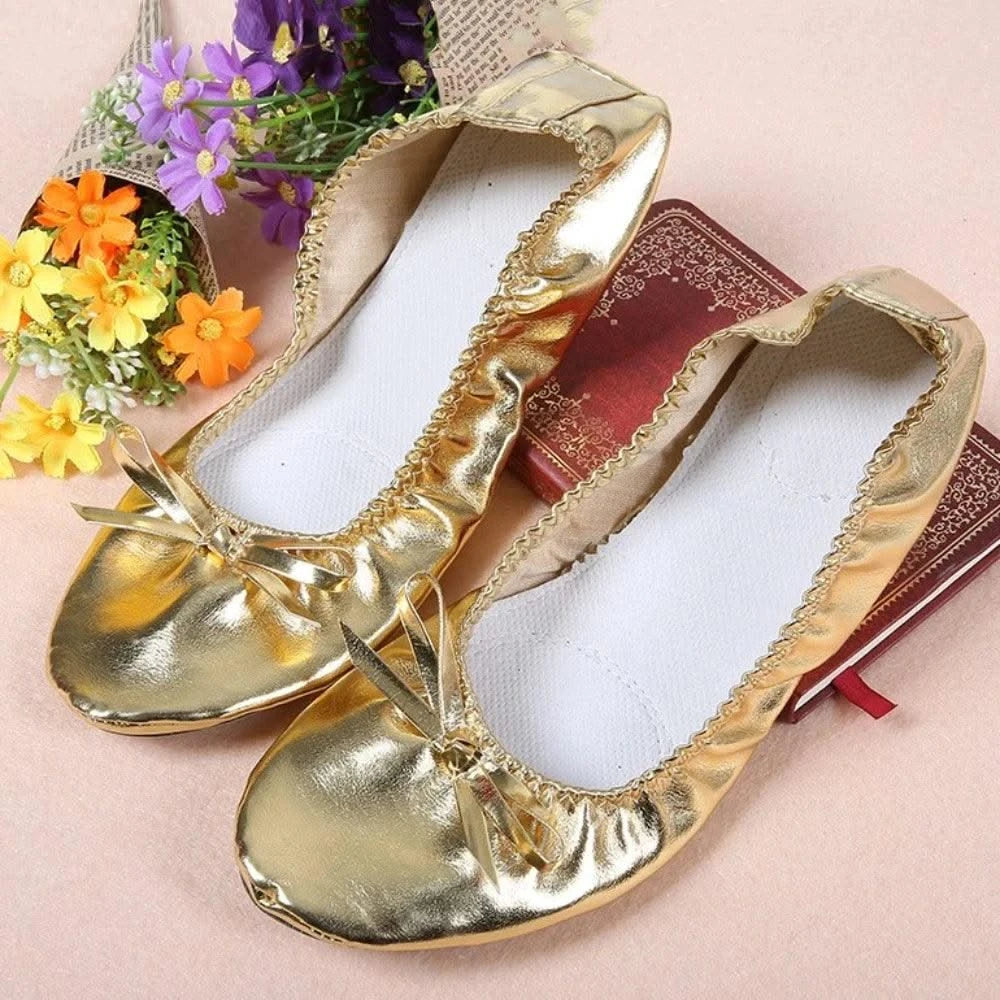 Professional Bowknot Belly Dancing Shoes Golden Foldable Indian Dance Shoes Leather Soft Ballerina Flats Children