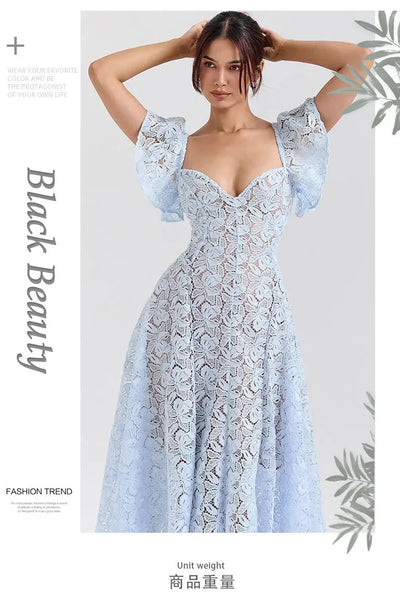 Elegant Flare Short Sleeve Flower Embroidery Long Prom Dresses Women Summer Holiday Low Cut Pleated Midi Evening Dress