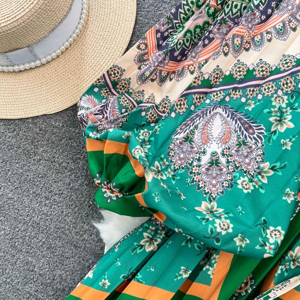 Retro Elegant Sashes O Neck Single Breasted Print Dresses Long Lantern Sleeves A-line Casual High Waist Women Autumn Clothing