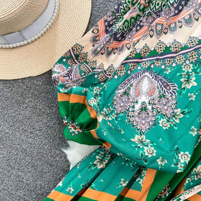 Retro Elegant Sashes O Neck Single Breasted Print Dresses Long Lantern Sleeves A-line Casual High Waist Women Autumn Clothing