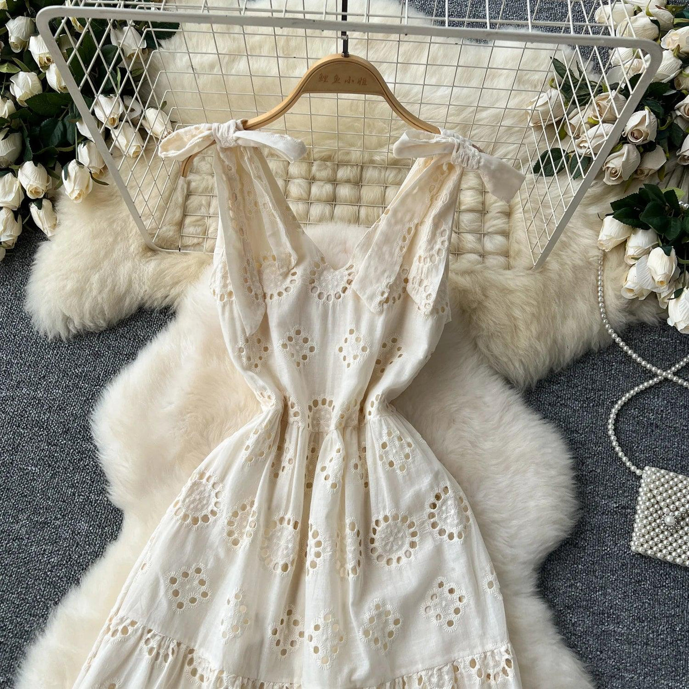French Vintage Hollow Out Embroidery Butterfly Bow Bandage Slip Dress A-line Chic Casual Beach Vacation Women Summer Dresses