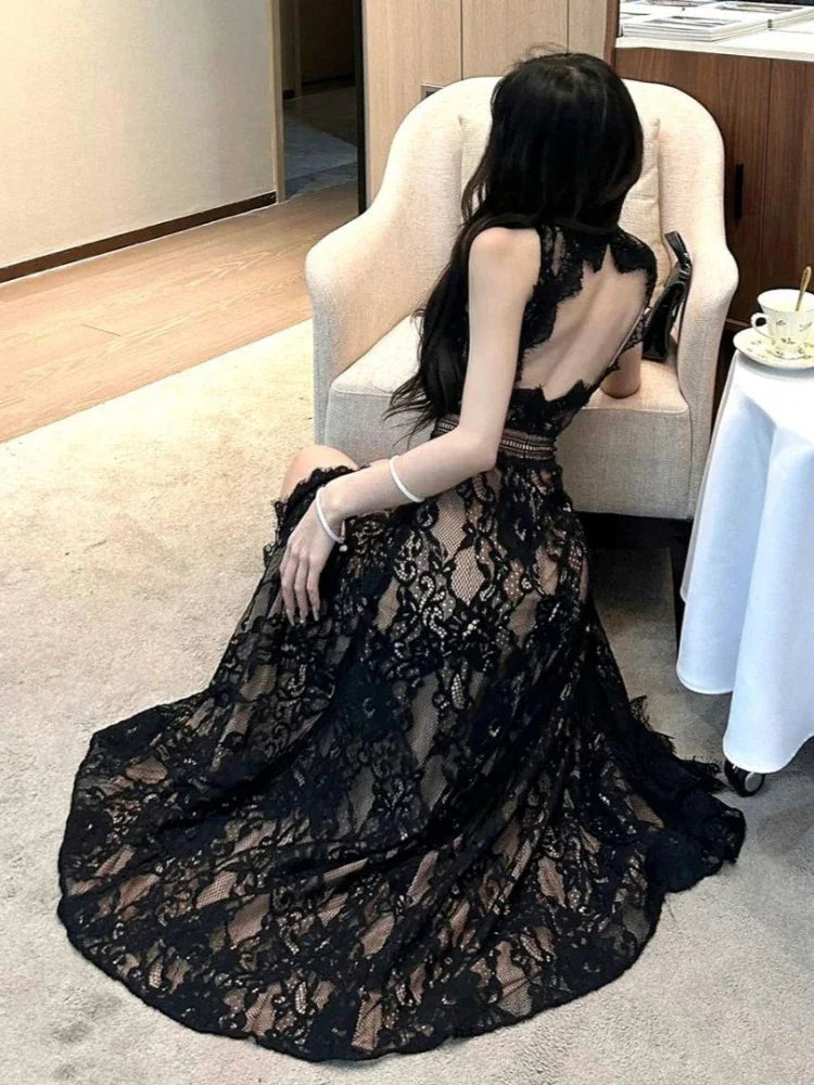 New Maxi Dresses for Women 2025 Vestidos De Mujer Lace Jacquard Temperament Robe Femme Backless Slim Fit Hollow Out Summer Dress