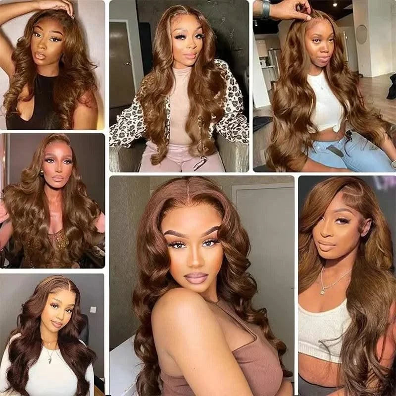 200 Density 13x4 HD Chocolate Brown Body Wave Lace Front Wig Human Hair Pre Plucked #4 Brown 13x6 Transparent Lace Frontal WigS
