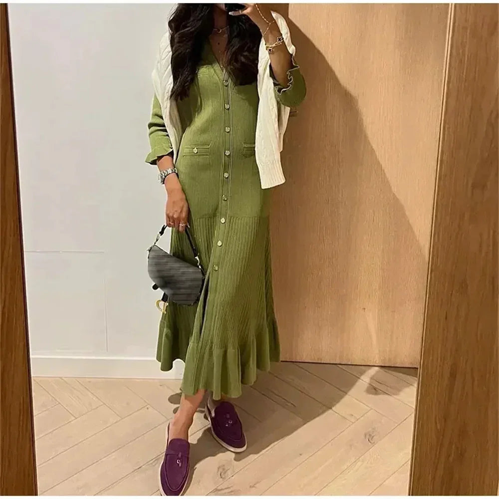 Ruffles Hem Knitted Dress For Women Elegant V Neck Long Sleeve Single Breasted Loose Vestidos Fashion Office Lady Knit Robe