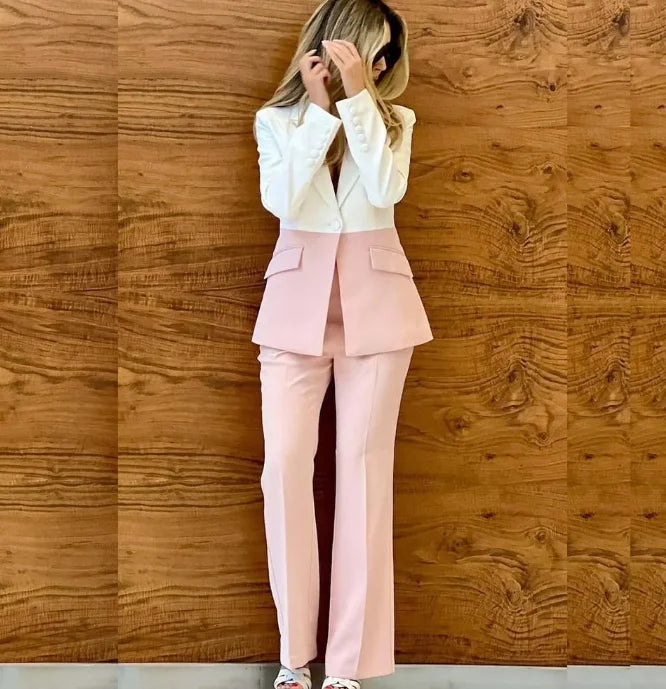 Newest 2023 Designer  Suit Set Women's Office Single Button Color Block Patchwork Blazer  Pants Suit