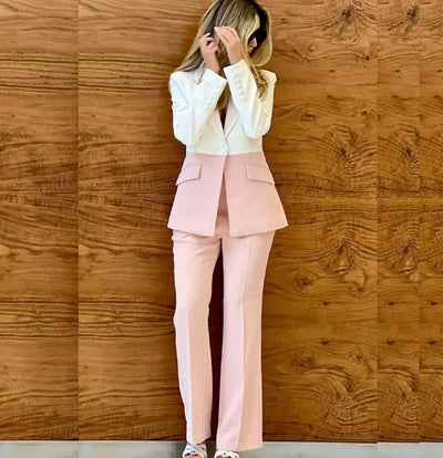 Newest 2023 Designer  Suit Set Women's Office Single Button Color Block Patchwork Blazer  Pants Suit