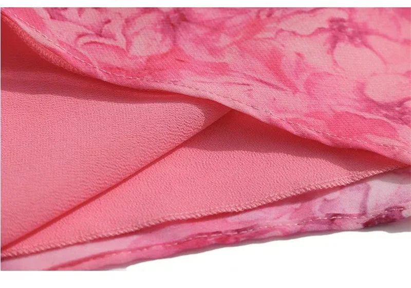 Women's Summer Dress 2025 New Fashion Printed Pink Chiffon Dress O-neck Short Sleeved Long Party Dresses Elegant Women Vestidos