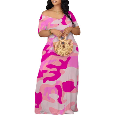 Off Shoulder Camo Maxi Dress for Women Summer Pink Print Casual Loose Fit Holiday