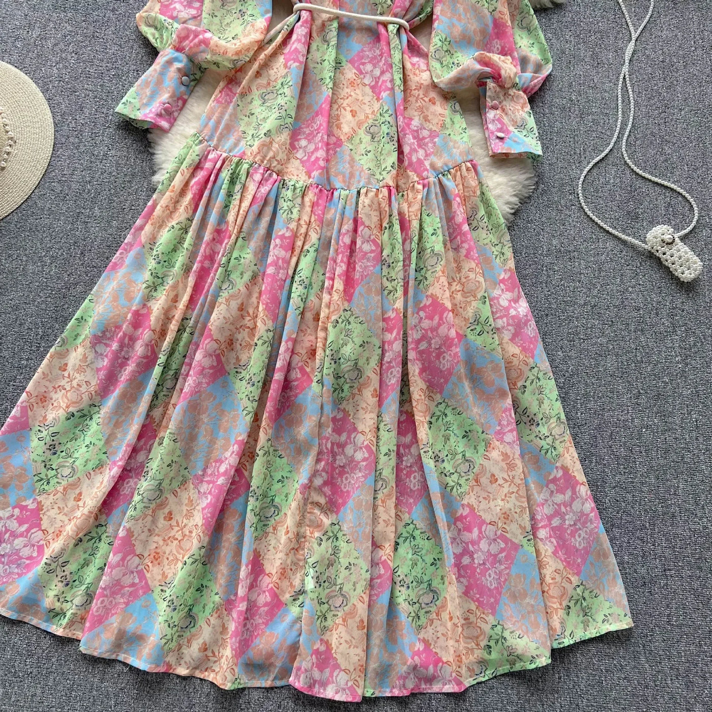 Long Dress Women Dresses A Line Chiffon Vestidos Stand Collar Streetwear Floral Print Elegant Splice Y2k Party Night High Waist