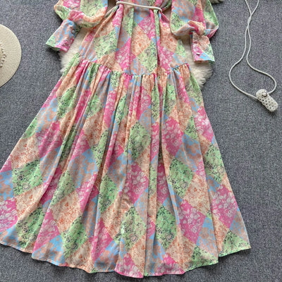 Long Dress Women Dresses A Line Chiffon Vestidos Stand Collar Streetwear Floral Print Elegant Splice Y2k Party Night High Waist