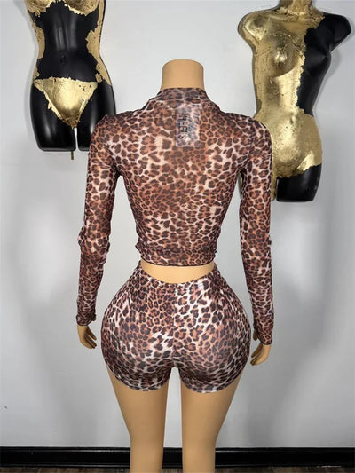 Spring New y2k Style Stretch Crop Top Leopard print Women Tracksuits Sets+Trousers 2 Two Pieces Matching Streetwear Shorts Suits