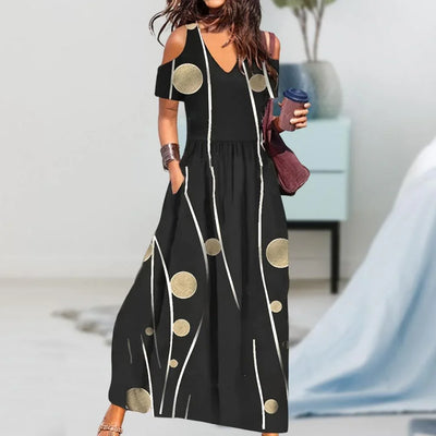 Women Summer Dress Flower Print Hollow Out Short Sleeves V Neck Dress-up Pleated Off Shoulder Soft Maxi Dress Women Clothes