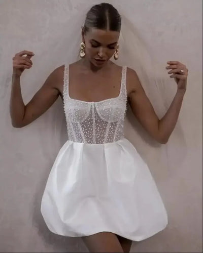 Simple Sequined Beaded Wedding Dress Mini Short Sexy Sleeveless Backless Modern Women Bridal Gown