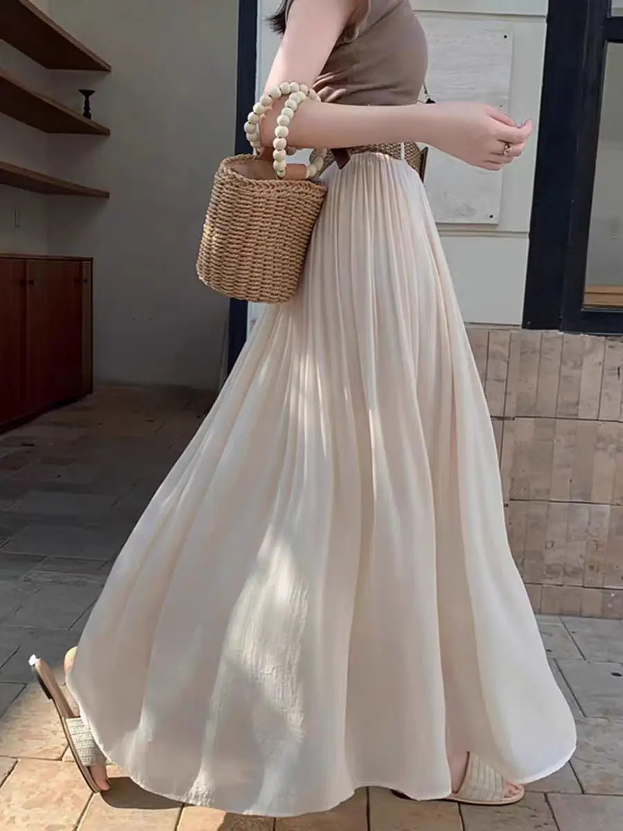2025 New High Waisted Cotton Linen Pleated Midi Skirt – Summer Flowy A-Line Maxi Skirt for Women, Breathable & Elegant