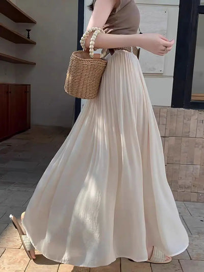 2025 New High Waisted Cotton Linen Pleated Midi Skirt – Summer Flowy A-Line Maxi Skirt for Women, Breathable & Elegant