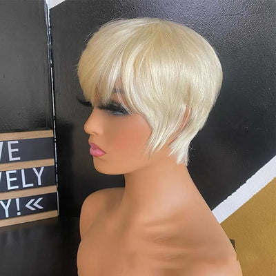 Short Blonde Wig with Bangs Short Pixie Cut Wig Human Hair 613 Blonde Human Hair Wig for Women Full Machine Party Cosplay Wigs