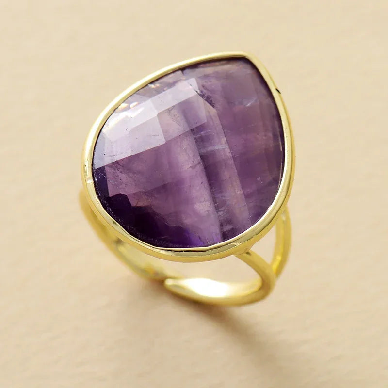 Trendy Waterdrop Big Stone Amethysts Rose Quartz Finger Rings Adjustable Designer Woman Cocktail Ring Wedding Jewelry