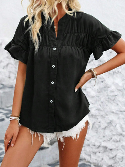 Women Button Solid Cotton Linen Blouses Summer 2025 Fashion Stand Up Short Sleeve Shirts Casual V-Neck Ruffles Office Lady Tops