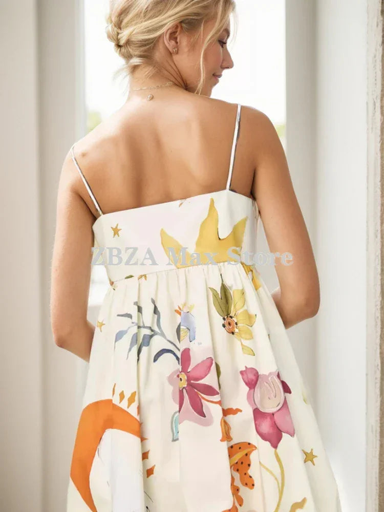 ZBZA Women's Suspender Print Dress Straight Neckline Spaghetti Straight Straps Zip Beach Mini Skirt Summer New Female Chic Dress