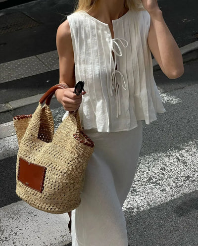 Fashion Bow Lace Up Shirts Women Cotton Linen Hollow Out Sleeveless Pleated Blouses Woman 2025 Summer New Casual Lady White Tops