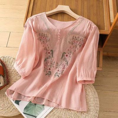 Cotton and Linen V-neck Embroidered Shirt for Women, Summer Thin Style Loose Medium Sleeves Small Shirt Top