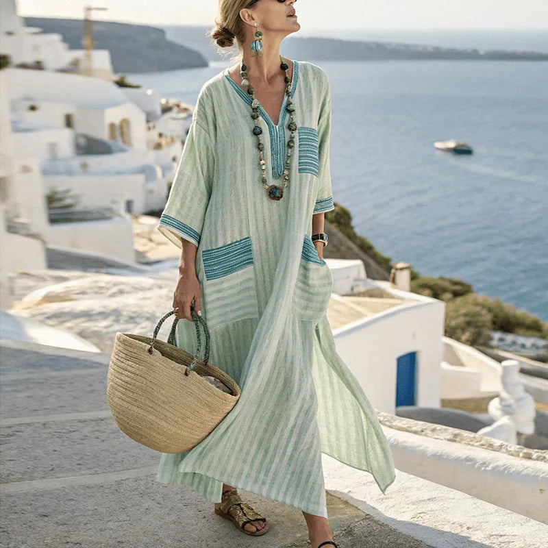 Summer For Women Elegant Bohemian Dress Fashion V -Neck Short Sleeves Long Dresses New Casual Vacation Pockets Loose Party Dress