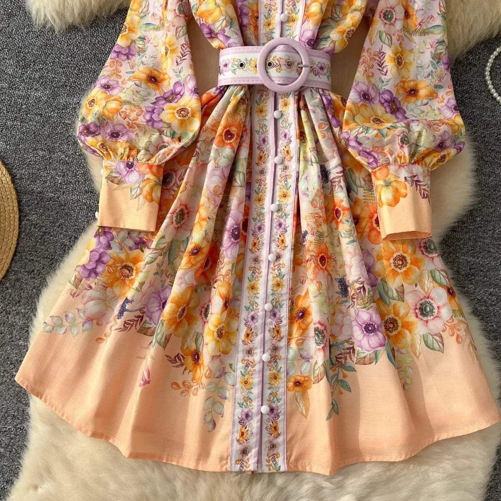 TWOTWINSTYLE Floral Printted Chic Dress For Women O Neck Long Sleeve Patchwork Sashes Temperament Dress Female Fashion KDR523818