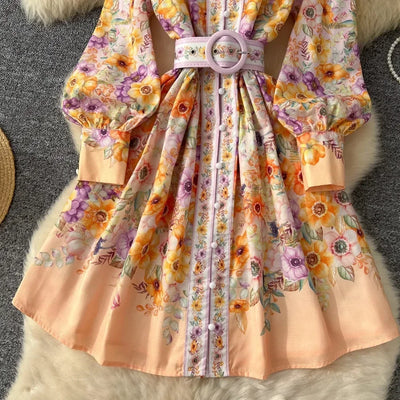 TWOTWINSTYLE Floral Printted Chic Dress For Women O Neck Long Sleeve Patchwork Sashes Temperament Dress Female Fashion KDR523818