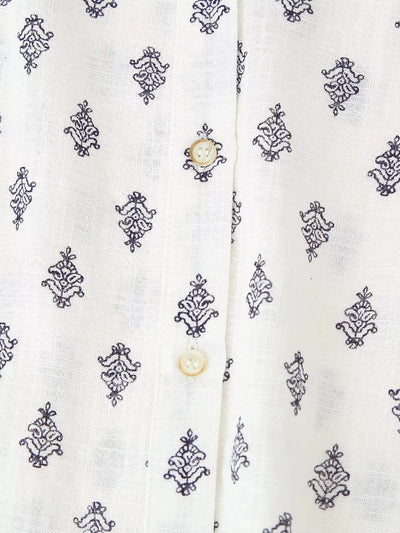 2025 Women's New Fashion Hundred Tops Puffy Sleeve Cotton Linen Printed Shirt