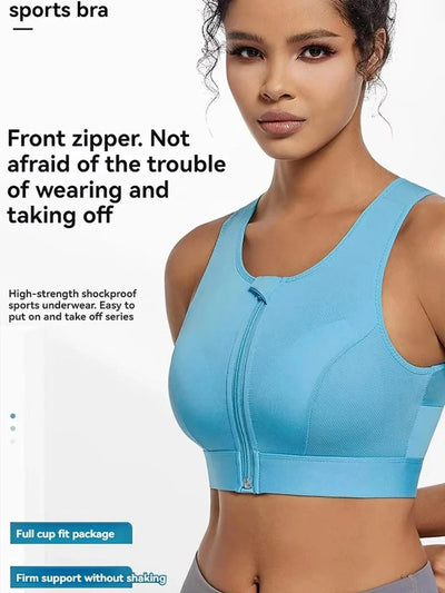 Plus Size Sports Bra for Women High-Strength Shock-Absorbing Gathering Top Running Zipper No Steel Bracket Underwear Yoga Vest