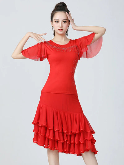 Adult Women Modern Dance Dress Social Dancewear Short Sleeve Mesh Fairy Top Large Swing Skirt Performance Dancing Costume