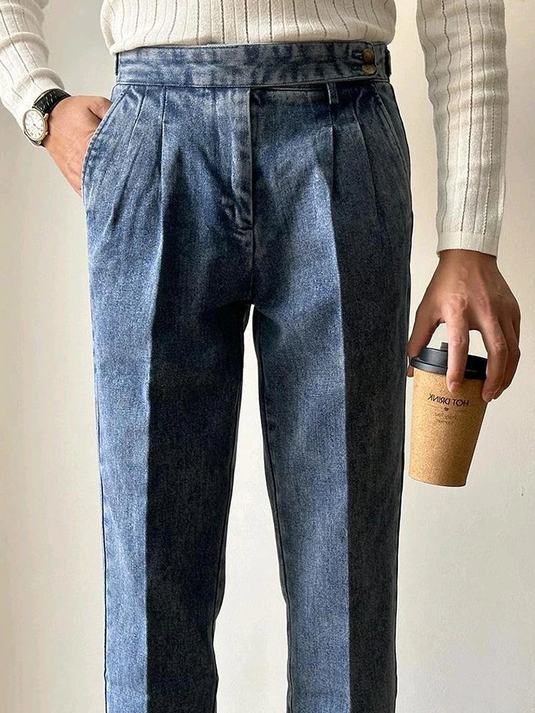 Naples Jean Trousers For Men 2024 Fall Trendy Solid Color Washed Denim Pants Mens Stylish Slim Fit Draped Design Straight Jeans
