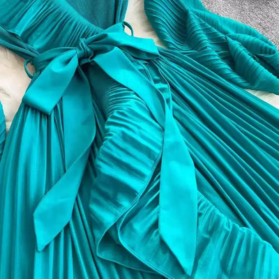 Women's V Neck Ruffles Splice Lantern Sleeve High Stretch Oversized Dresses Miyake Maxi Pleated 2025 Spring Long Party Clothing